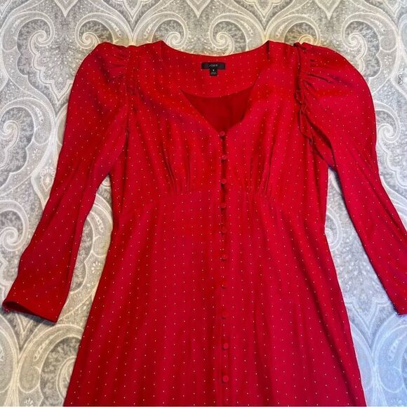 J.Crew Drapey Puff Sleeve Ruffled Red White Polka Dot Maxi Dress - Picture 6 of 6